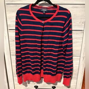 Nautical summer fisherman striped red blue cotton cardigan lands end XL